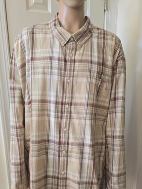 MUTUAL WEAVE BRAND MEN'S BIG & TALL TAN & WHITE PLAID LONG SLEEVES SHIRT 5XL